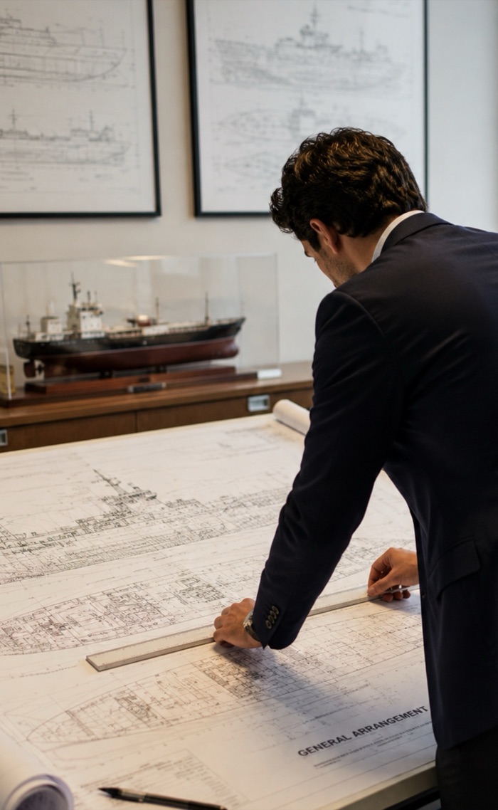 Engenheiro naval trabalhando sobre projetos técnicos
