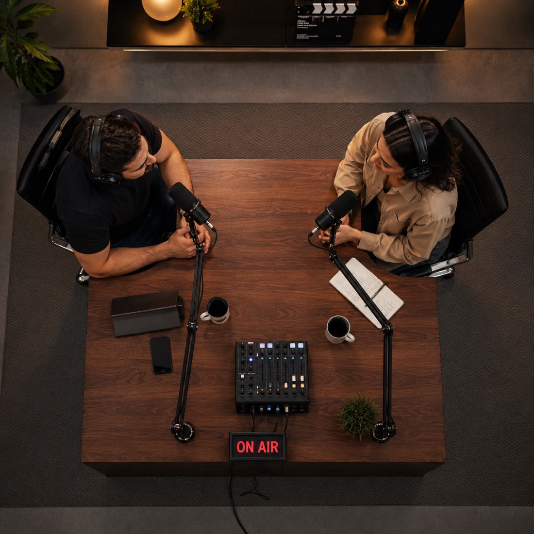 Dois apresentadores de podcast vistos de cima em estúdio